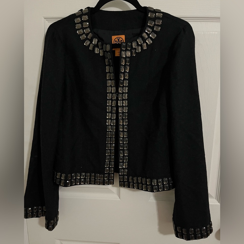 TORY BURCH UNIQUE FAUX DIAMOND STONE TRIM NECK&CUFFED GRAY WOOL SIGNATURE JACKET